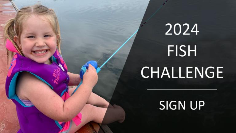 Join the 2024 Fish Challenge (kid fishing off dock)