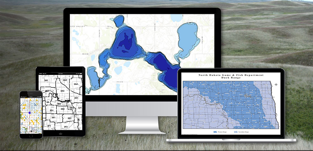 Screenshots of maps superimposed over images of computers and smartphones