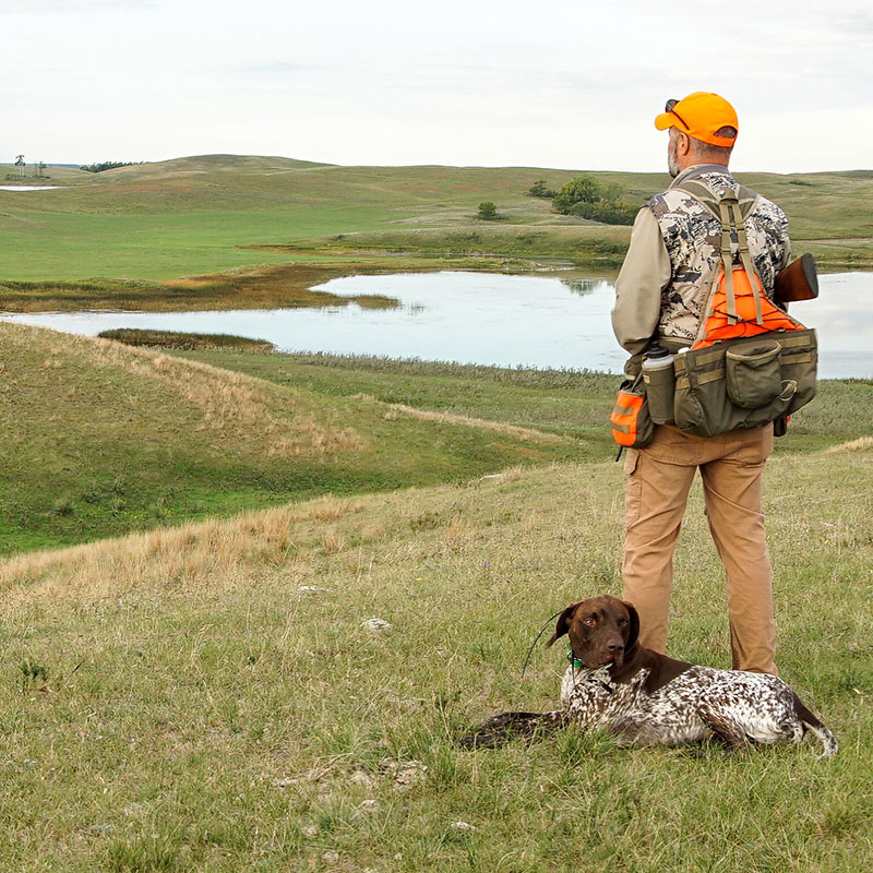 Hunter with dog lying nearby looking out over the prairie