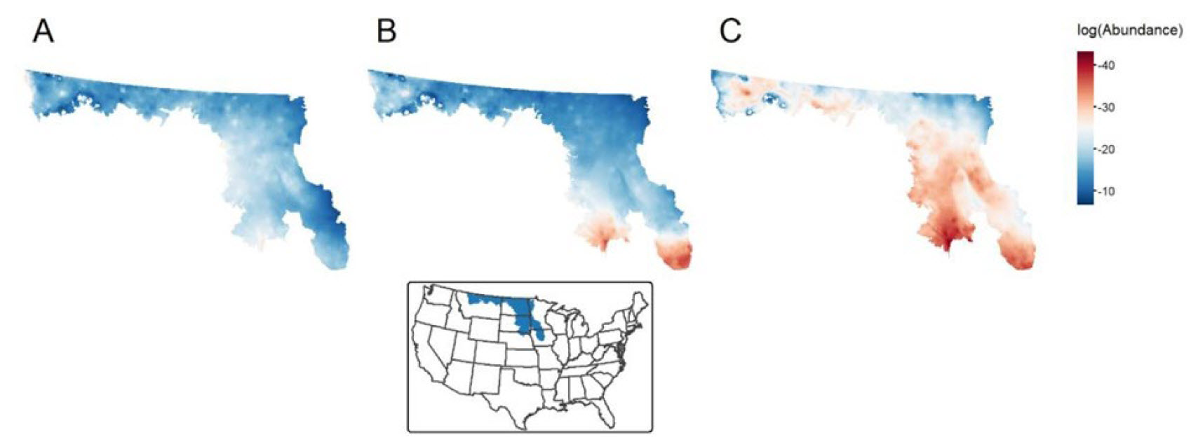Figure 2 - Case Study 1: Maps show predicted regal fritillary habitat use.