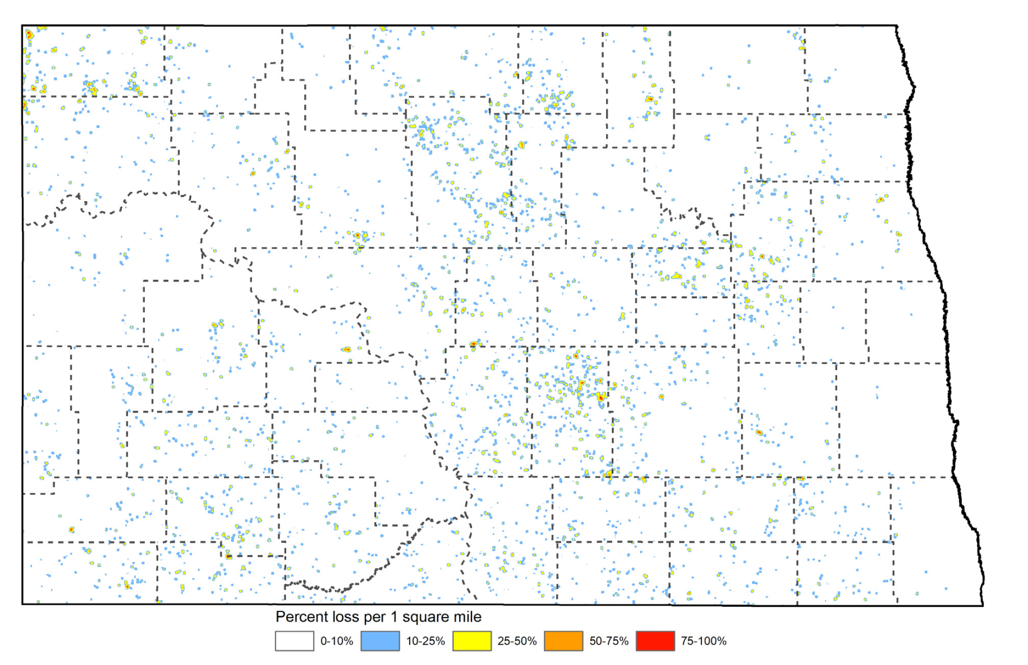 Map showing changed habitat (Percent loss per square mile: white - 0-10%, bue - 10-25%, yellow - 25-50%, orange - 50-75%, red - 75-100%)