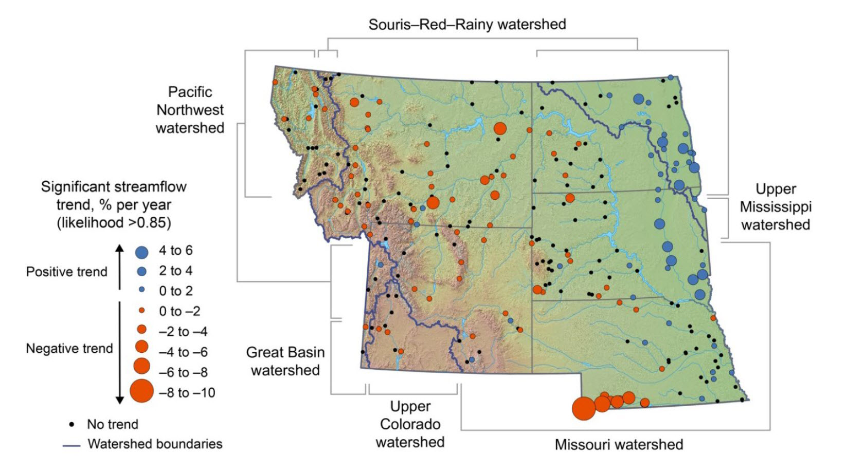 Map showing watershed potential changes in flows