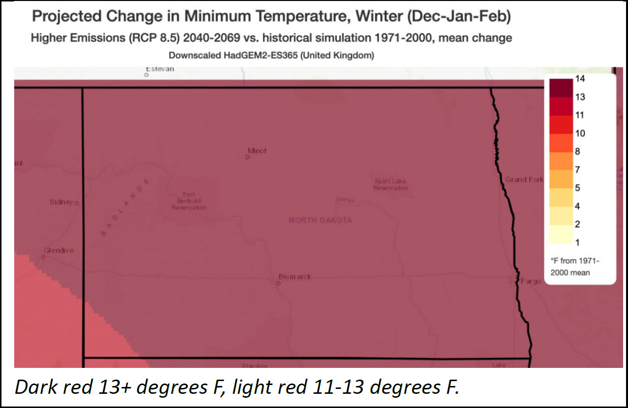 Dark red 13+ degrees F, light red 11-13 degrees F.