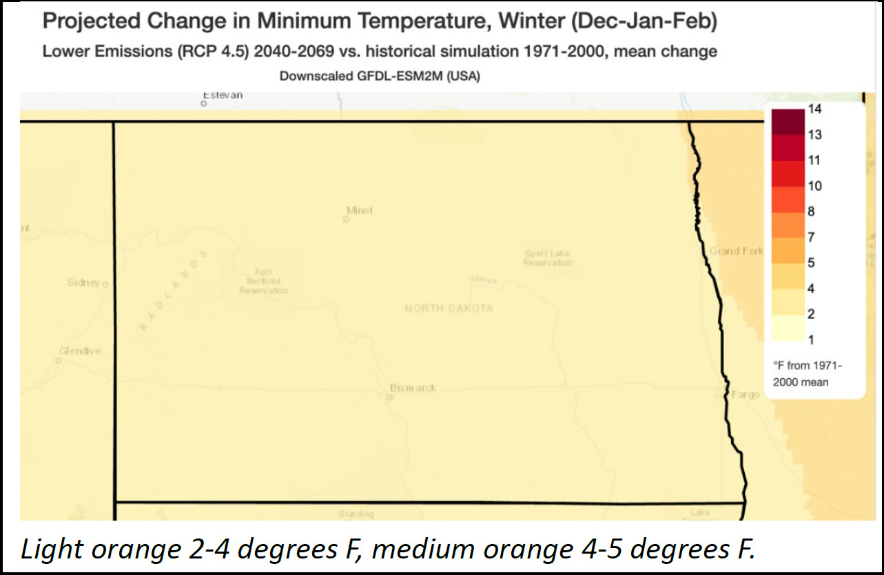 Light orange 2-4 degrees F, medium orange 4-5 degrees F.