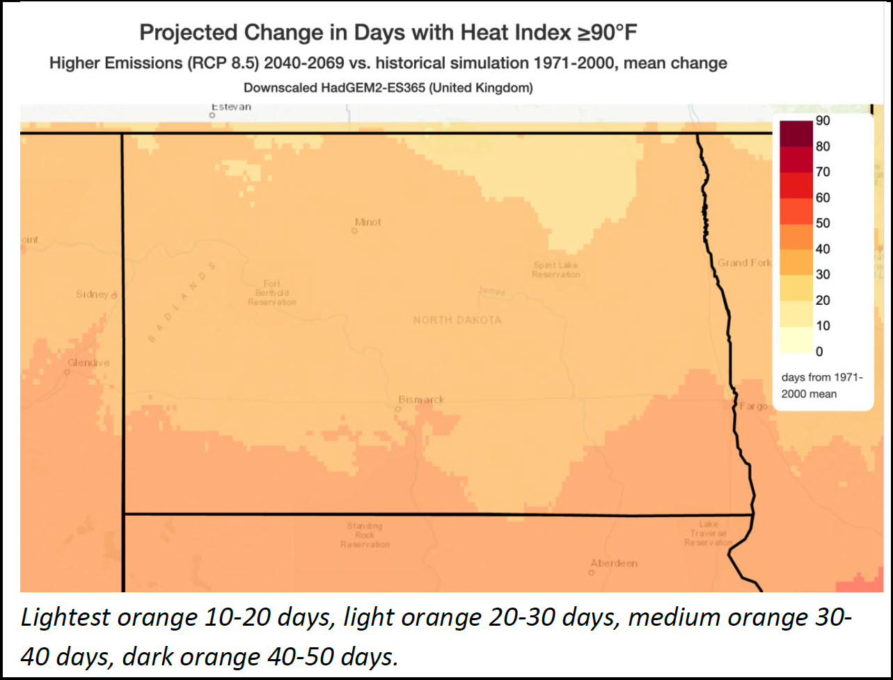 Lightest orange 10-20 days, light orange 20-30 days, medium orange 30-40 days, dark orange 40-50 days.