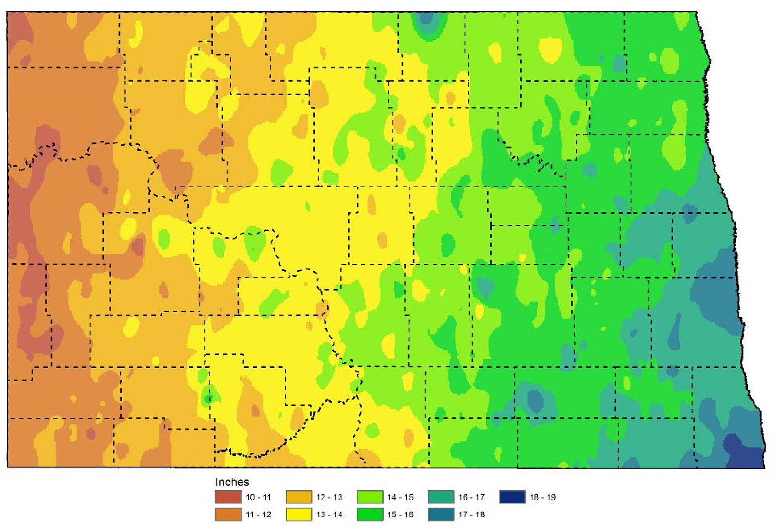 Map of ND showing average seasonal precipitation for a 30 year period ending in 2010