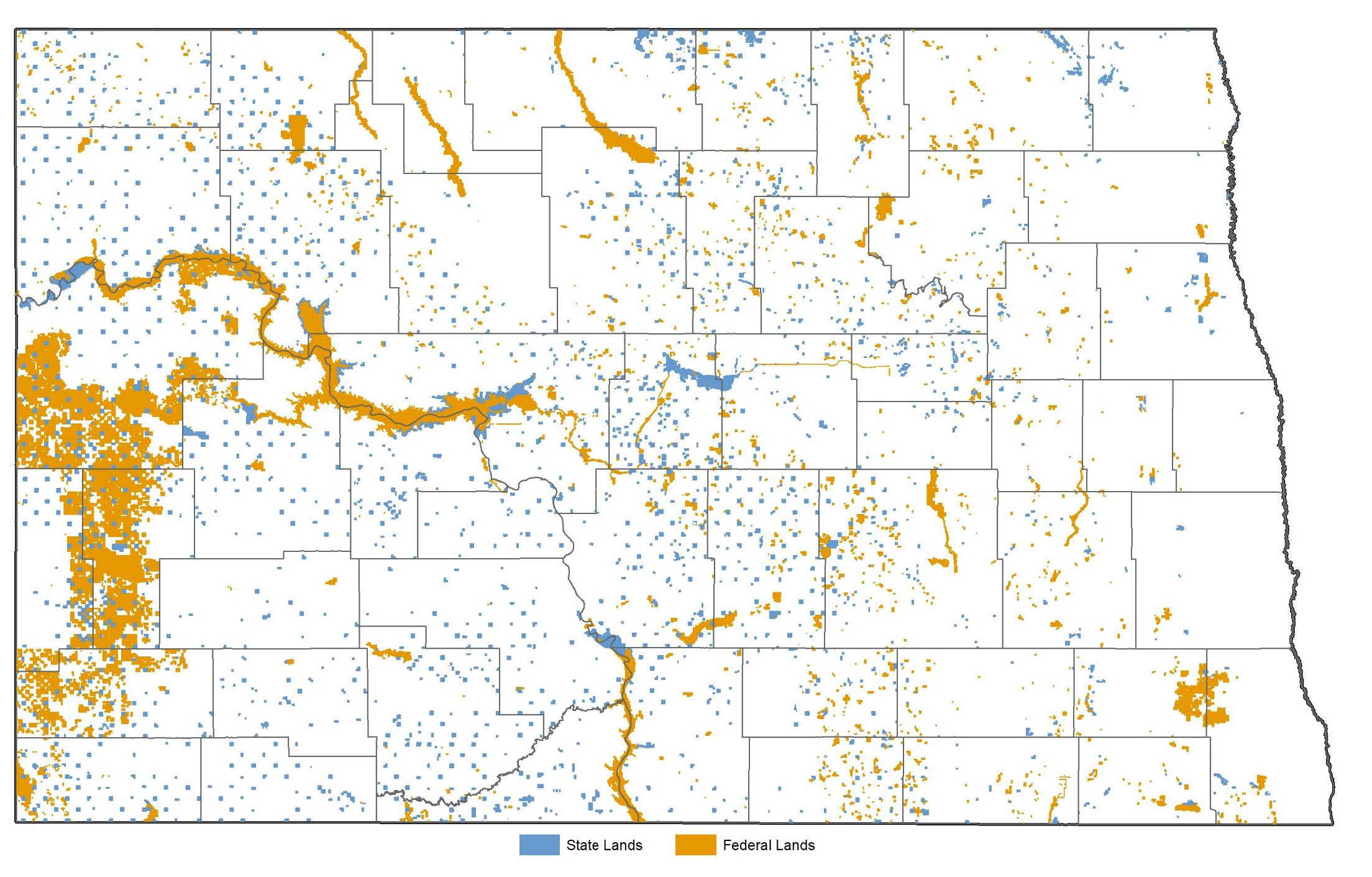 Map of ND state (blue), and federal (brown) lands held in fee title.