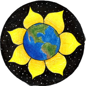 Sunflowers petals around globe of earth with black, starry sky in background