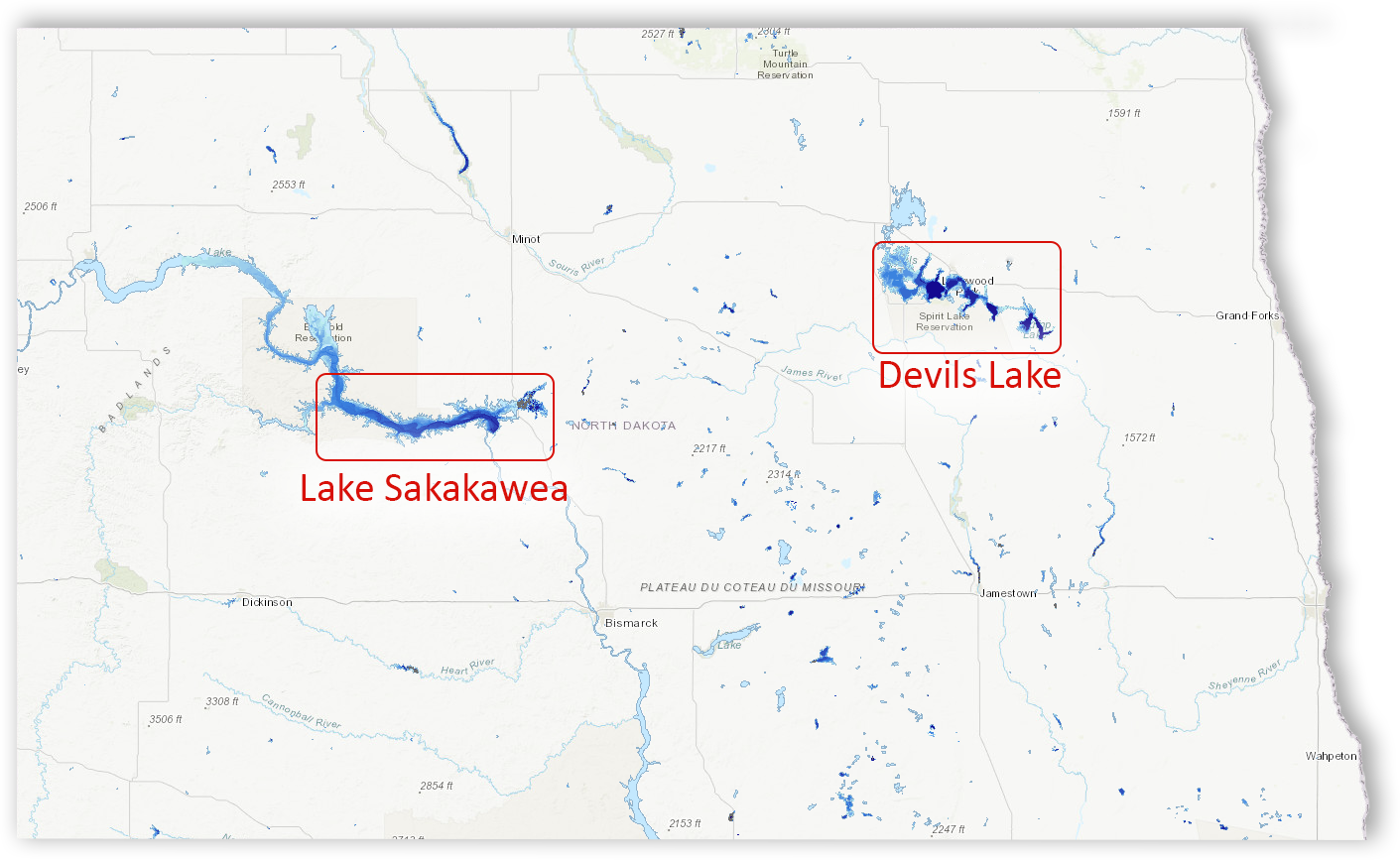 Map showing the two deep lakes in North Dakota, Lake Sakakawea and Devils Lake