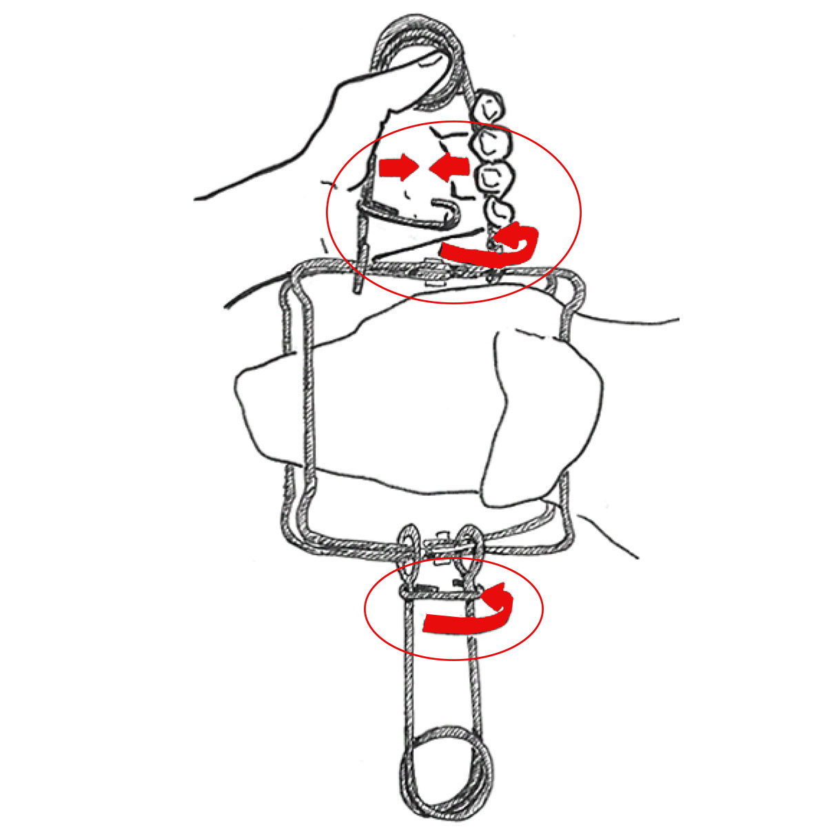 Compress spring and secure with safety lock - do both sides of the trap