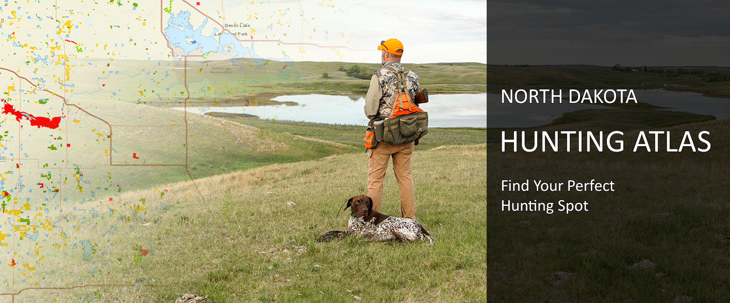 Hunter and dog looking out over the prairie with map overlay