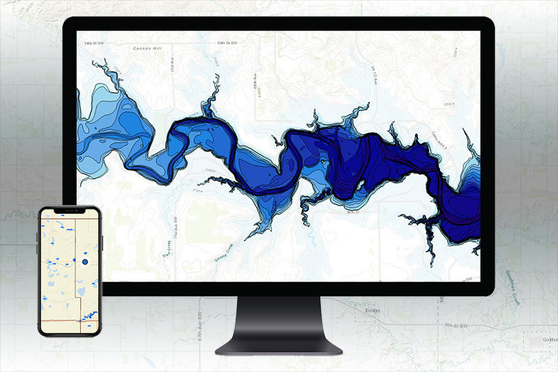 Lake contour maps inlaid in computer and phone illustrations