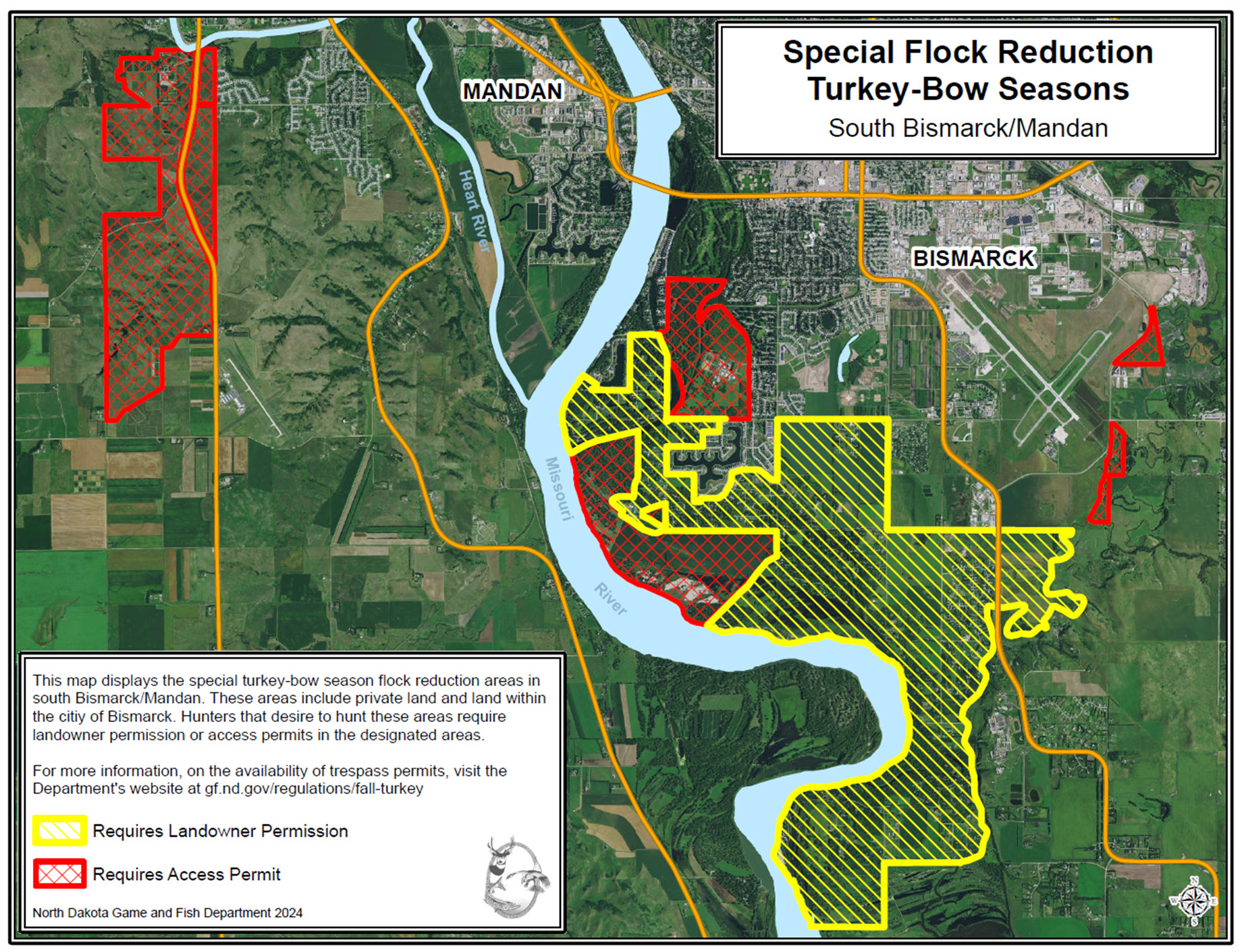 Map of areas for the special flock recustion in Bismarck and Mandan - Yellow crosshatch requires landowner permission, red crosshatch requires an access permit