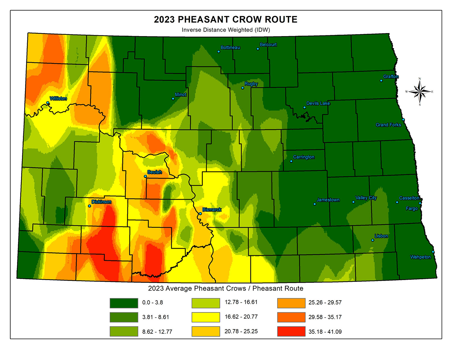 Heat map of crowing counts seen on 2023 survey routes