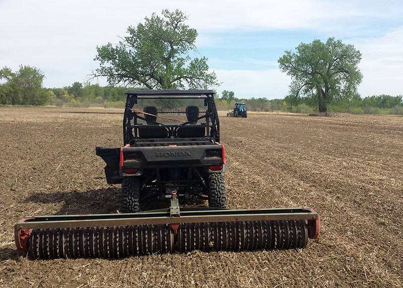 Tractors in field planting native grasses and forbs