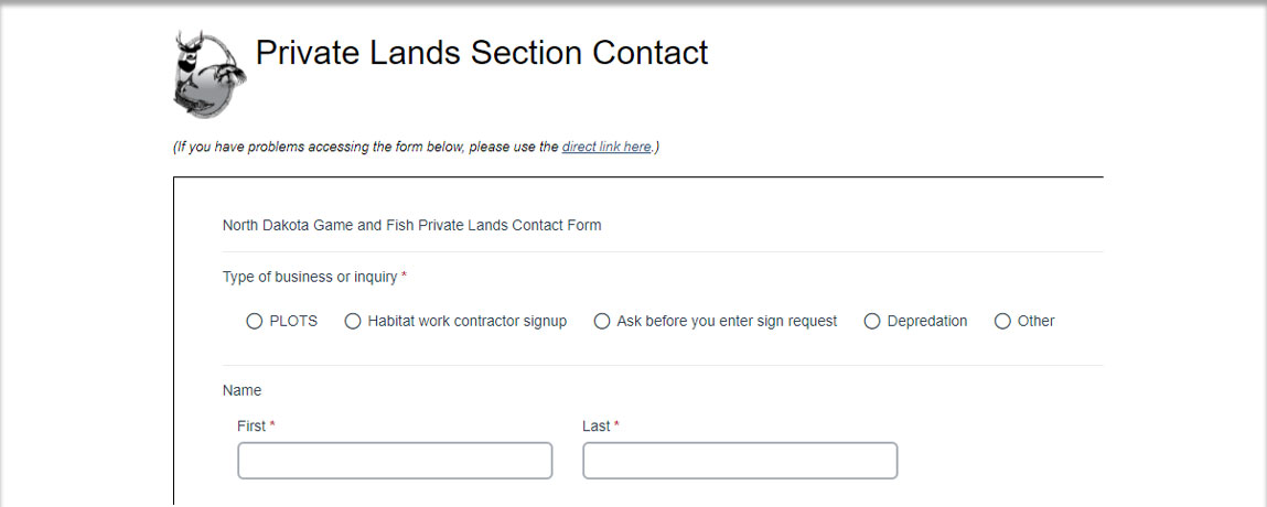 Screenshot of online contact form