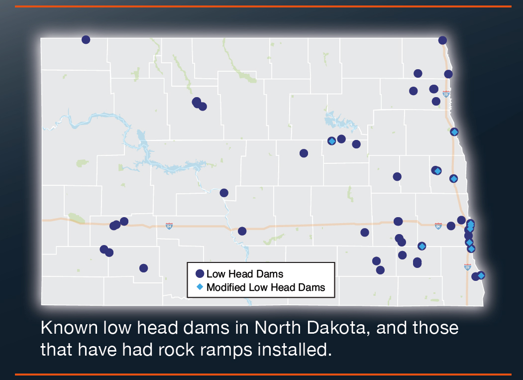 Map of lowhead dams in North Dakota