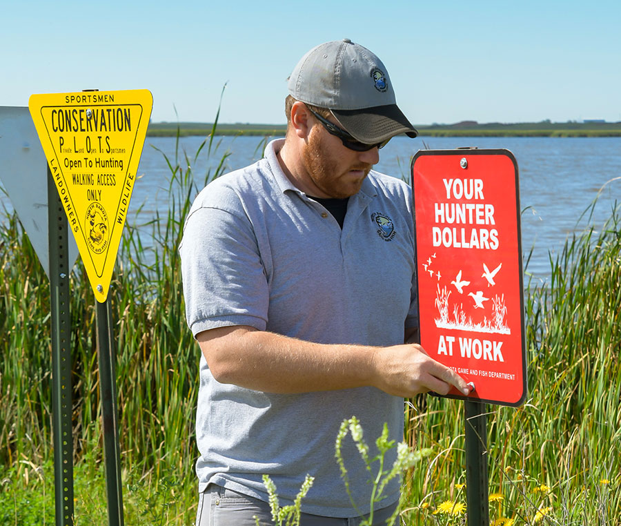 Staff member putting up a sign