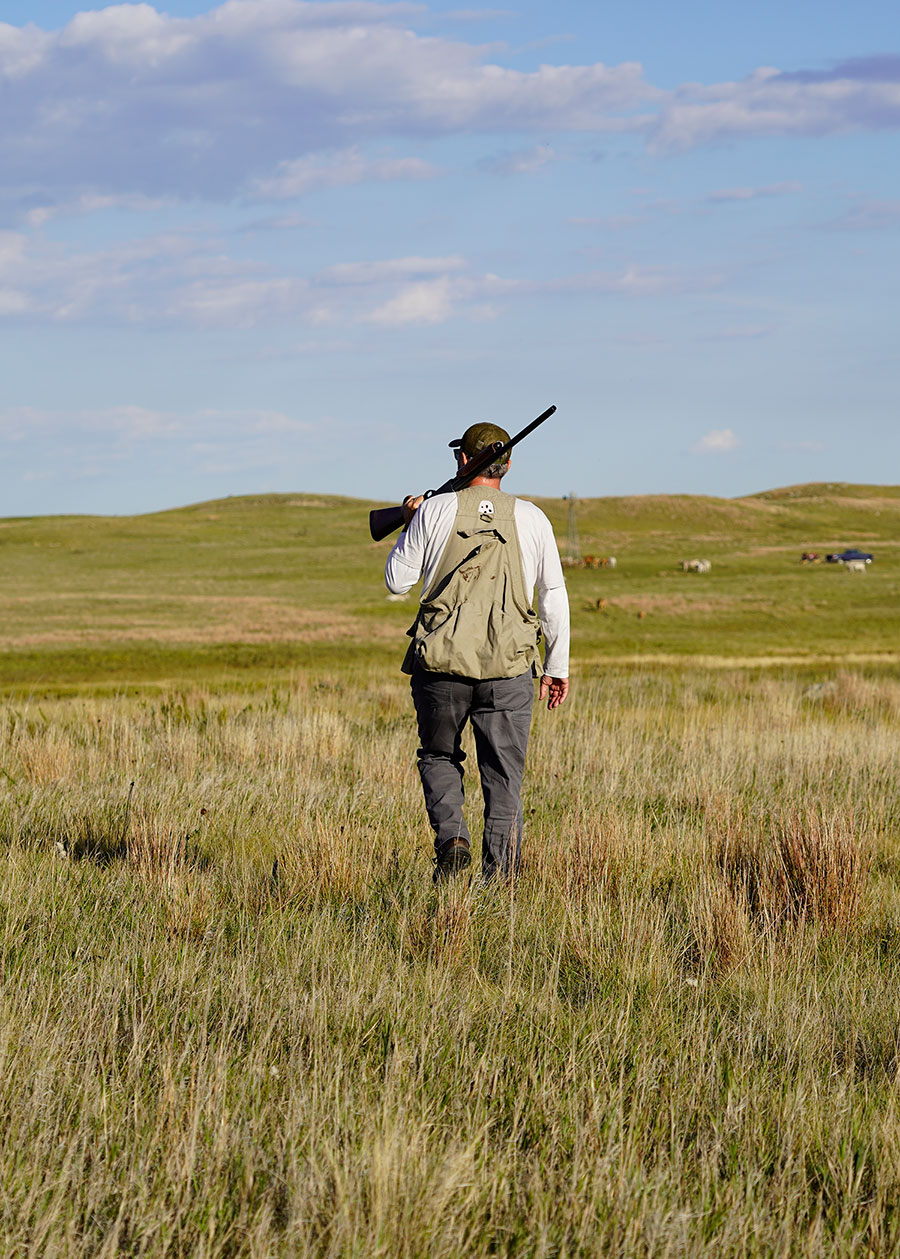 Hunter walking on trust lands with cattle in the background