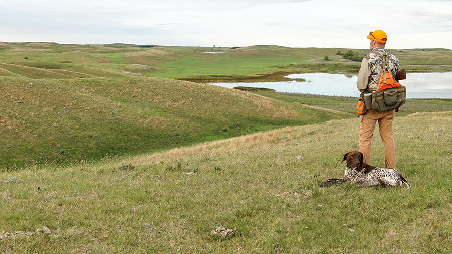 Hunter with dog on the prairie