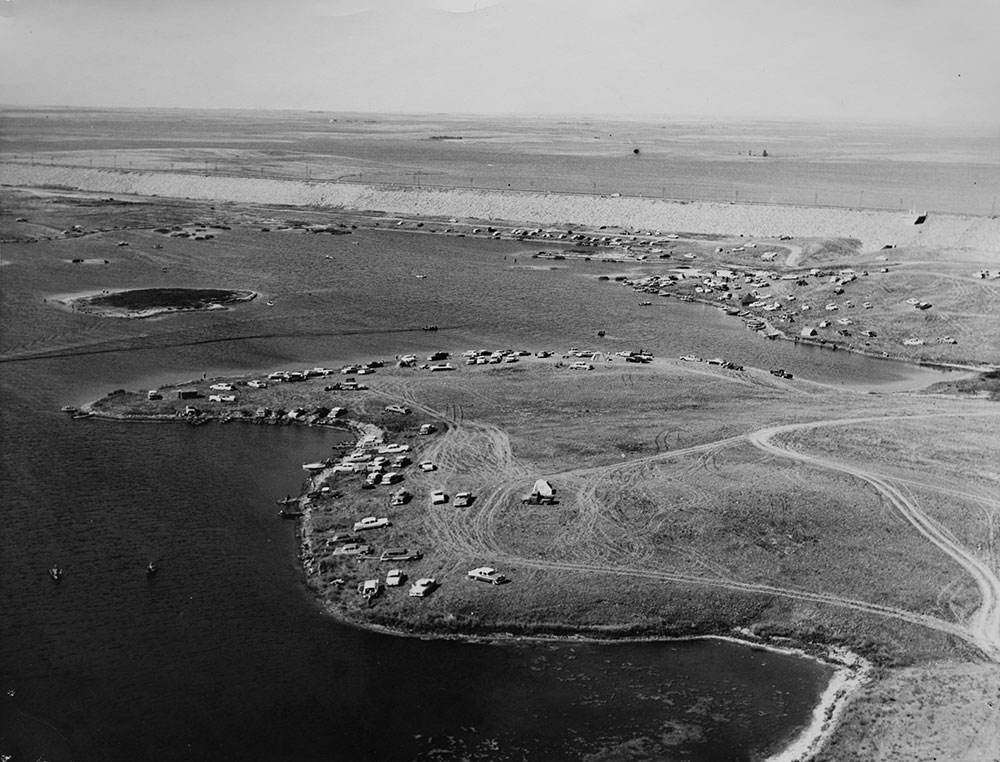 Old black and white image of an opening day for fishing in North Dakota