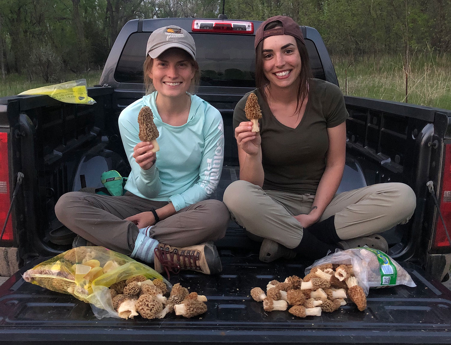 Women sitting in truck bed with morel mushrooms they've gathered in front of them.