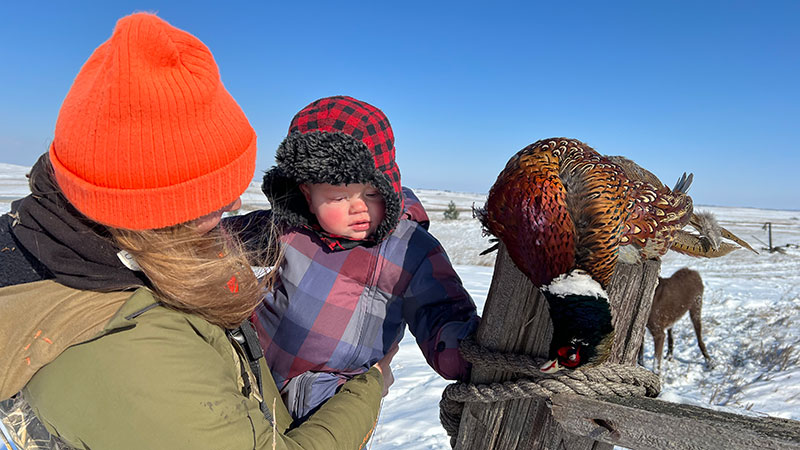 Fischer held by Cayla looking at a harvested pheasant