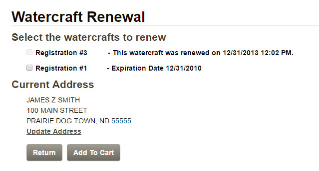 Step one of renewing a watercraft registration screenshot