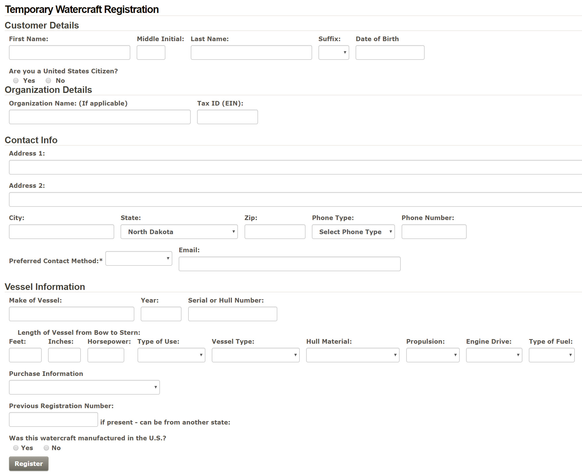 Temporary Watercraft Registration form screenshot