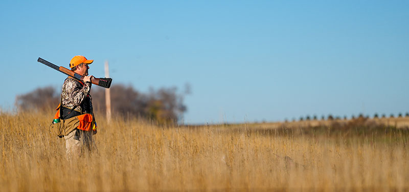 Two hunters walking in a field, one carrying antlers