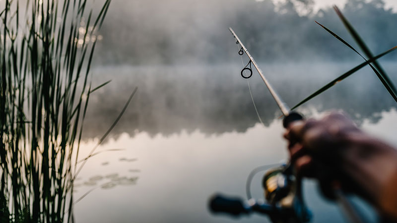 Hands holding fishing pole at foggy pond