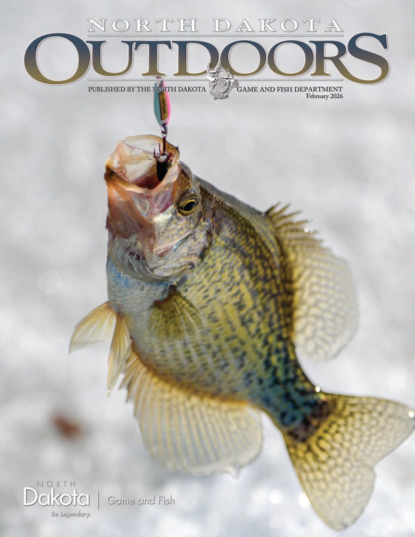NDO Feburary 2026 - Cover, hooked crappie with ice in background