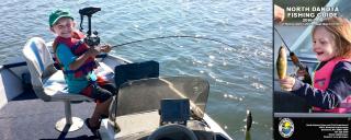 Boy fishing and cover of guide with girl fishing