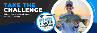 Challenge logo overlaid on a photo of a woman holding a bass