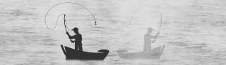 Drawing of man fishing from boat with mirror image on one side