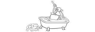 Line drawing of Santa Claus in a bathtub