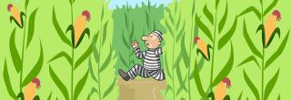 Cartoon escapee running through corn field