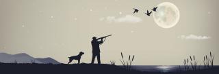 drawing of hunter with dog pointing rifle at flying waterfowl with moon in background