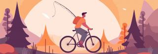 Fanciful drawing of bike rider carrying a fishing pole