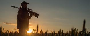 Hunter in the field at sunrise