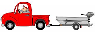 Drawing of red truck with guy inside pulling a trailered boat
