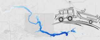 Map of Lake Sakakawea with drawing of truck towing a boat overlaid