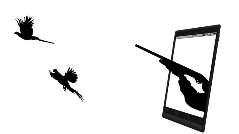 Illustration of smartphone with gun and pheasants flying out of it