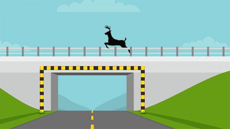 Cartoon deer jumping off an overpass