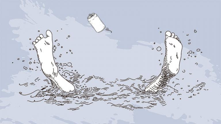 Drawing of the feet of someone who fell in the water with a can flying