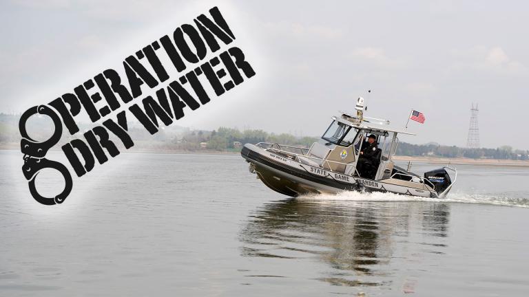 Warden boat on the river with dry water logo overlay 