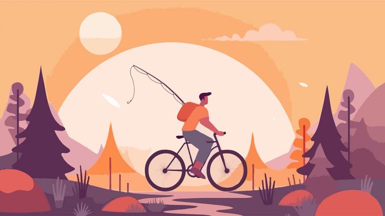 Fanciful drawing of person riding a bike carrying a fishing pole.