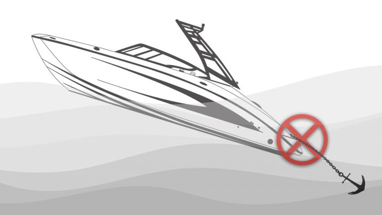 Drawing of a sinking boat with an anchor off the stern