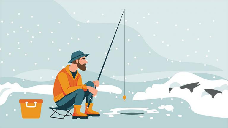 Drawing of ice angler with pike stuck in snowbank