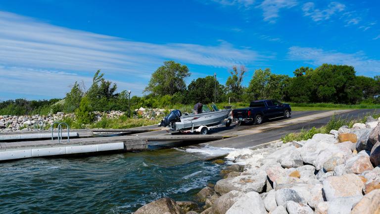 Truck and boat at a boat ramp